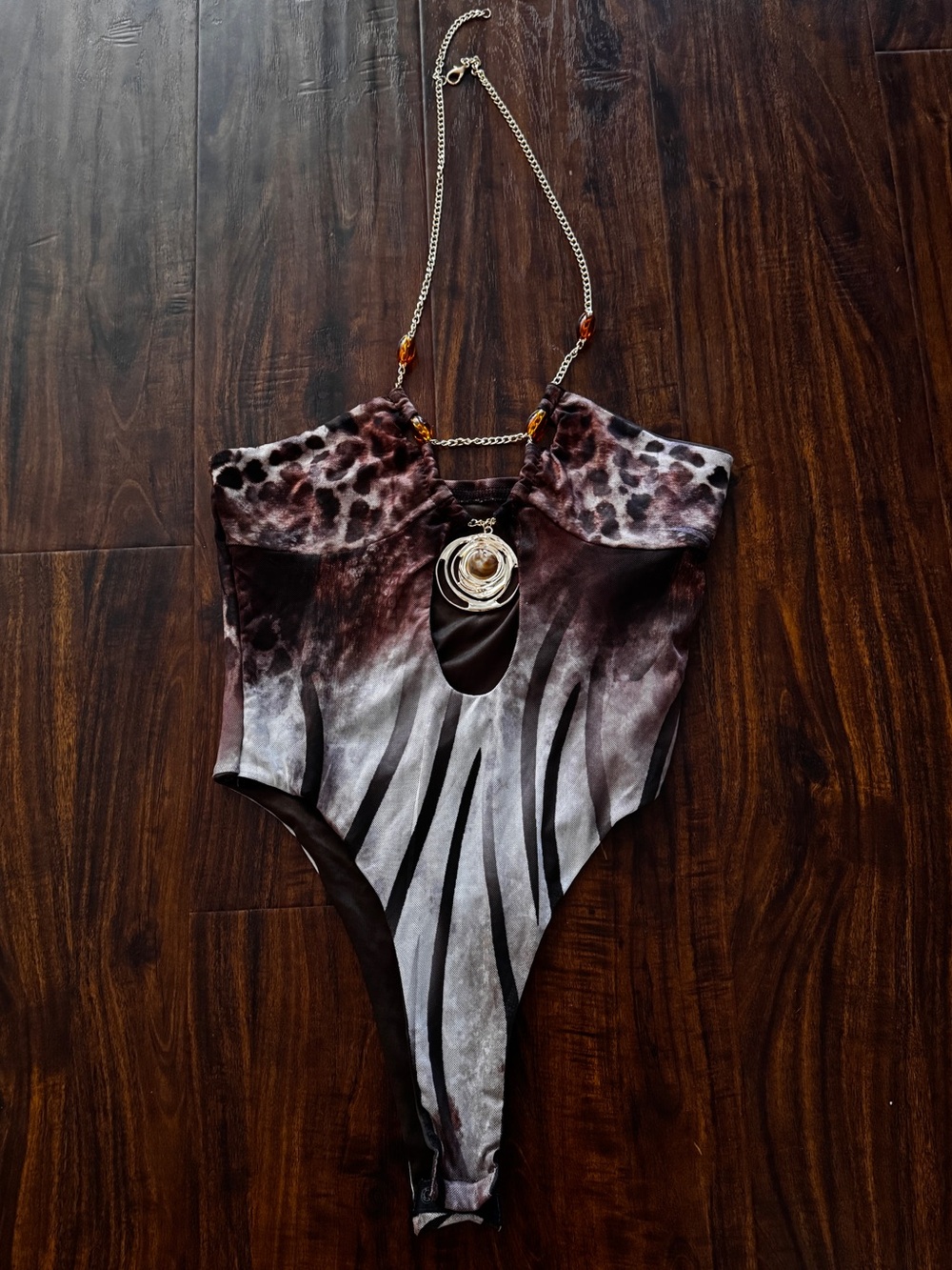 Animal Print Chain Plunge One-Piece Bodysuit - Brown & Black